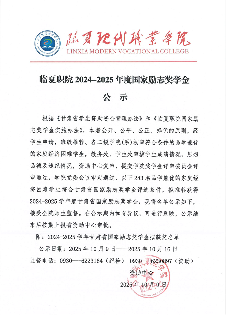 临夏职院2024-2025学年度甘肃省国家励志奖学金公示